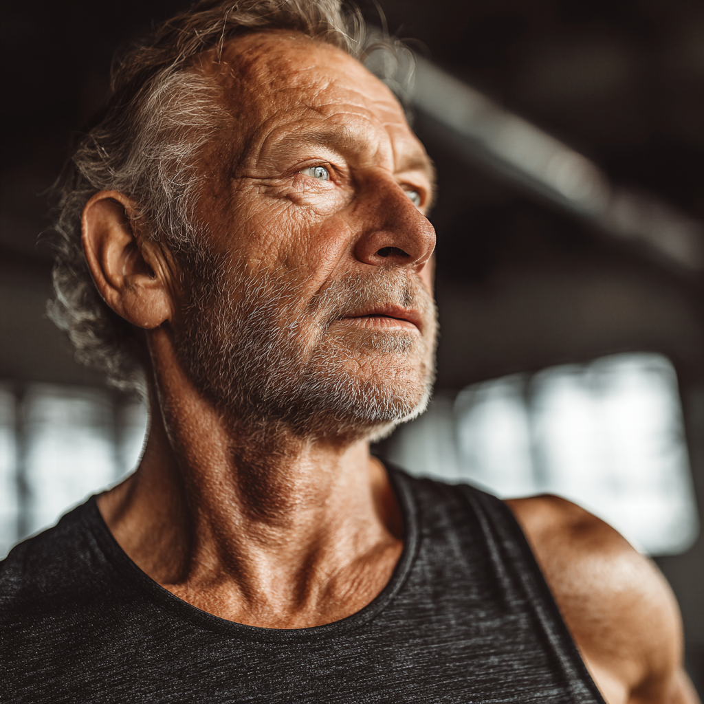 Smiling middle-aged Ukrainian woman in comfortable fitness attire doing stretching exercises in a bright, modern gym environment