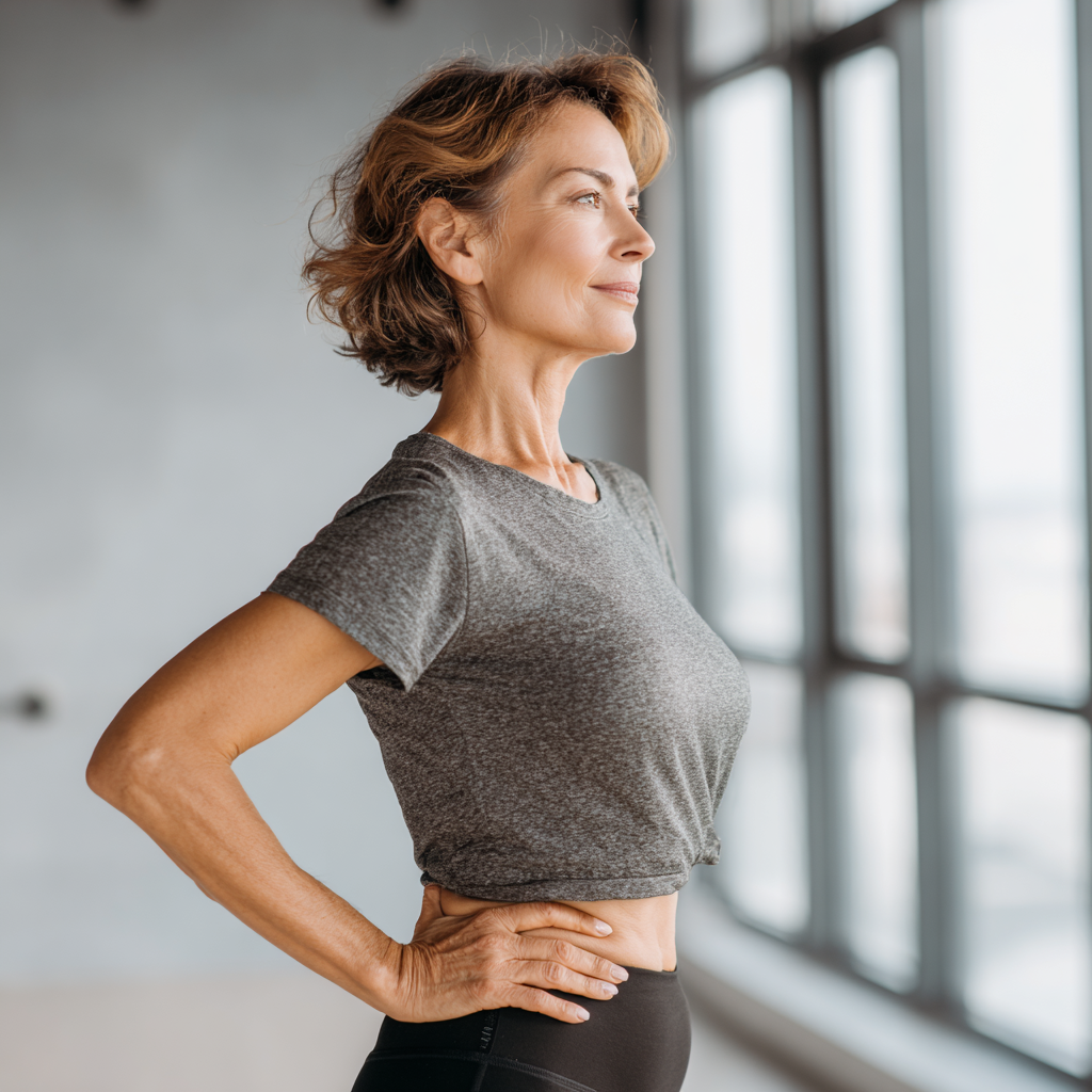 Focused older Ukrainian man in athletic wear performing balance and stability exercises on a yoga mat in a peaceful home setting